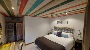 伊瓜苏港Rincón Escondido B&B的一间卧室配有一张带彩绘天花板的床
