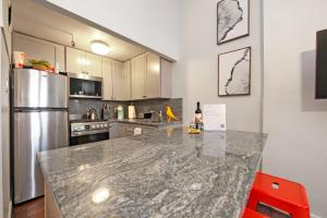 布鲁克林Serenity Park Slope - Entire Brownstone apt.的厨房配有花岗岩台面和冰箱