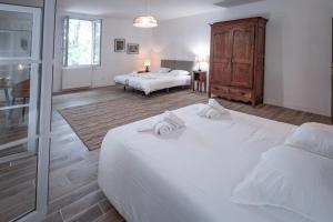 蒙托邦Gîte du chemin des Dames的一间卧室设有两张床和滑动玻璃门
