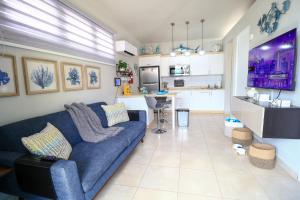 卡沃罗霍Casa Arrecife 28的一间带蓝色沙发的客厅和一间厨房