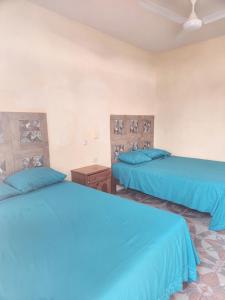 CoyucaPosada Las Palmas的配有蓝色床单的客房内的两张床