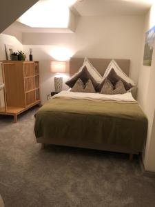 慕尼黑Luxuriöses Loft mit großer Sonnenterrasse & Sauna的一间卧室,卧室内配有一张大床