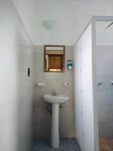 LacanjáTopche, Centro Ecoturístico的白色的浴室设有水槽和淋浴。