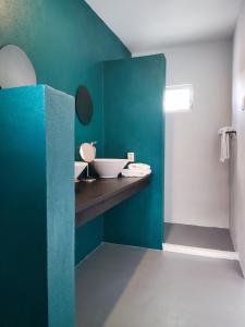 威廉斯塔德Saint Joris a tiny Boutique Resort的一间带水槽和蓝色墙壁的浴室