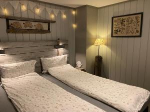 耶卢Bjørkli Lodge的一间卧室配有两张单人床和一盏灯。