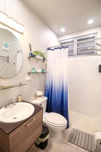 卡沃罗霍Casa Arrecife 28的一间带卫生间、水槽和镜子的浴室