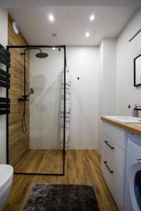 热舒夫VIP Apartamenty Lubelska II的带淋浴、卫生间和盥洗盆的浴室