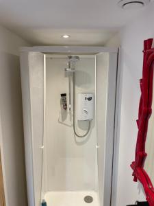 法纳姆High spec studio cabin-Farnham centre的浴室设有淋浴间和红色窗帘