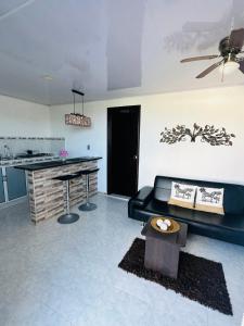 普罗维登西亚Posada Lkjay Providencia Isla的一间带黑色沙发的客厅和一间厨房