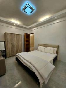 BinangonanMountain View的一间卧室设有一张大床,天花板上拥有灯光