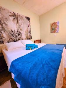 圣若热岛Canto da Coruja - ECOHOSPEDAGEM的一间卧室配有一张大床,上面有蓝色的毯子