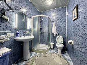 塔什干FRODO的带淋浴、卫生间和盥洗盆的浴室