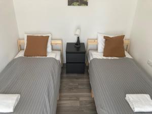 霍德梅泽瓦沙海伊Hód-Thermal Camping的带床头柜的客房内的两张单人床