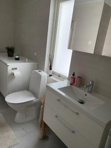 布罗斯Natursköna的白色的浴室设有卫生间和水槽。