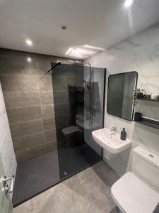 HenwickModern 2 Bed House With EV Parking的带淋浴、盥洗盆和卫生间的浴室