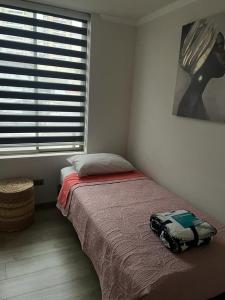 伊基克Hermoso departamento的一间卧室设有一张床和一个大窗户