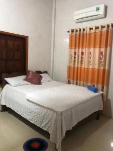 Cừ LạcPhong Nha Backpacker Hostel的一间卧室配有一张带橙色窗帘的床