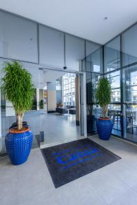 布卢梅瑙Hotel Caiuá Blumenau的办公室大厅两株大蓝色盆栽植物