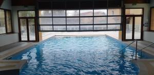 贝尔热拉克Charmant logement avec piscine的一座大型游泳池,位于一座带窗户的建筑内
