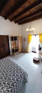 蒂亚斯Suite casa rural Los Patios, CONIL的一间卧室配有一张大床和一个吊灯。