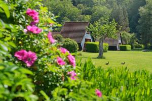 斯塔沃洛蒲乐长住度假酒店的一座带粉红色花的院子中的一群房子