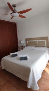 科拉雷侯Alojamiento Parque Corralejo的卧室配有白色的床和吊扇