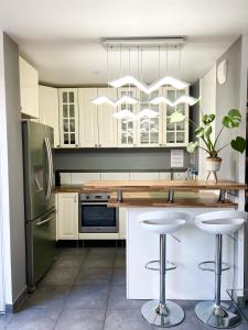 谢西Design Apartment Disneyland Paris的厨房配有白色橱柜和绿色冰箱。