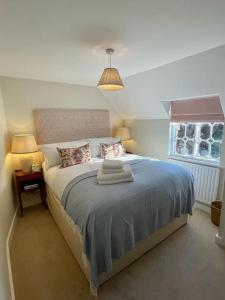 法纳姆Northbrook Cottage, Farnham, up to 8 adults的一间卧室配有一张带蓝色毯子的床和窗户。