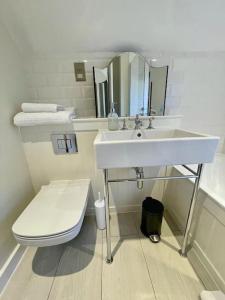 法纳姆Northbrook Cottage, Farnham, up to 8 adults的一间带水槽、卫生间和镜子的浴室