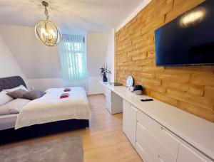 爱尔福特Atelierwohnung mit Parkblick的一间卧室配有一张床和一台平面电视