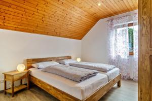 塞勒姆Jeglehof的一间卧室设有一张床和木制天花板