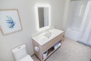 蒙特朗布朗Suites du Lac Moore的浴室配有盥洗盆、卫生间和浴缸。