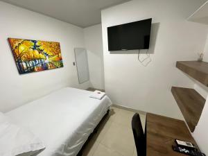 阿瓜奇卡HOTEL LIGHT PLAZA的卧室配有一张床,墙上配有电视。