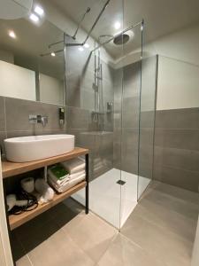 代森扎诺-德尔加达Malvezzi24 Boutique Rooms的一间带玻璃淋浴和水槽的浴室