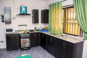 AgegeARO (1.0) 2BD Studio Flat (Abule-Egba/Lagos)的厨房配有黑色橱柜和绿色窗帘