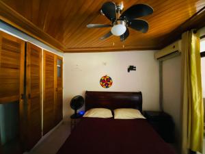 圣玛尔塔Casa Feliz Hostal的一间卧室配有吊扇和一张床
