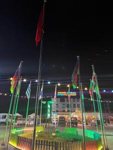 MahmutluGrand Atakum Boutıque Hotel的一座在晚上有旗帜的建筑