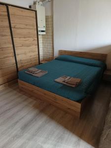 卡尔切拉尼卡阿拉戈Appartamento lake-side的一间卧室配有一张带蓝色床单和木地板的床。