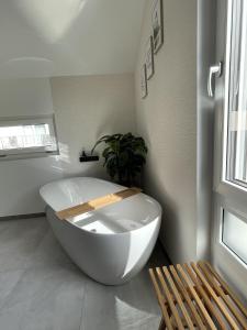 弗赖贝格ZugZuflucht-neues, modernes Ferienhaus的一个带长凳的客房内的白色大浴缸