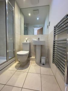 吉尔福德Blue Sky Apartments@ Abbots Yard, Guildford的浴室配有卫生间、盥洗盆和淋浴。