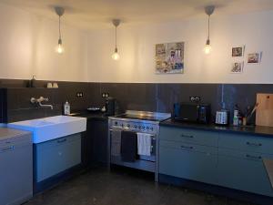 巴黎Artist's Home - Villa & Private Courtyard - 200m2的厨房配有水槽和炉灶 顶部烤箱