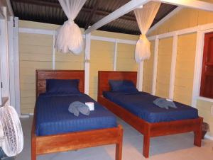 Don SomDon Som Riverside Guesthouse的一间卧室配有两张带蓝色床单的床和大象。