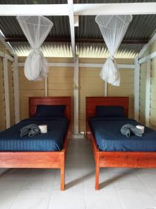 Don SomDon Som Riverside Guesthouse的配有蚊帐和袋子的客房内的两张床