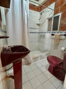 奥隆海花园洋房酒店的一间带水槽、卫生间和淋浴的浴室