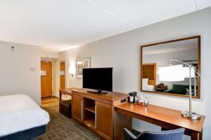 奥尔巴尼奥尔巴尼狼道汉普顿酒店的酒店客房配有一张桌子、一张床和镜子