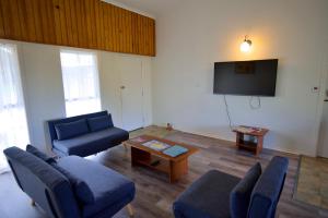 彭特派因Cadel’s Cottage的客厅配有蓝色的家具和平面电视。