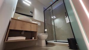 曼托瓦SAN LORENZO Luxury Boutique的一间带卫生间和玻璃淋浴间的浴室