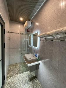 岘港Homestay T&T - Căn hộ gia đình的一间带水槽和玻璃淋浴的浴室
