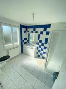 昂热L'auberge Angevine的蓝色和白色的浴室设有水槽和卫生间