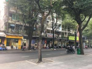 胡志明市65F4 - Sweetheart in Saigon的一条树木繁茂的城市街道和一座建筑